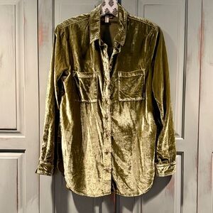 Anthropology Velvet Button-Up Shirt in Olive Green